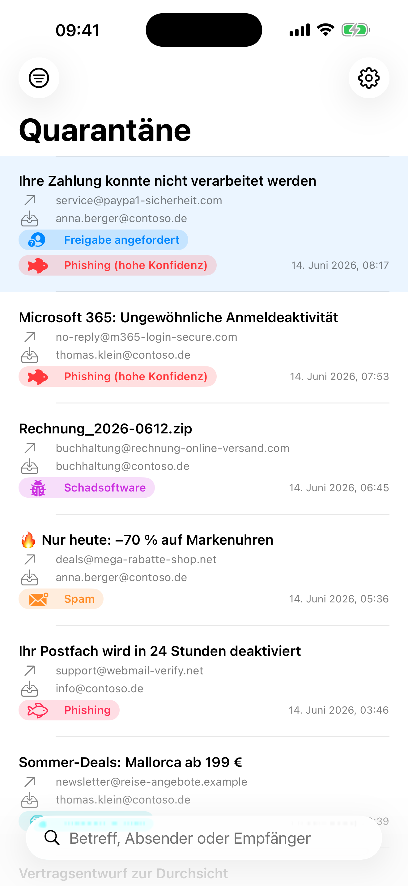 Quarantäne-Liste mit farbigen Kategorie-Badges