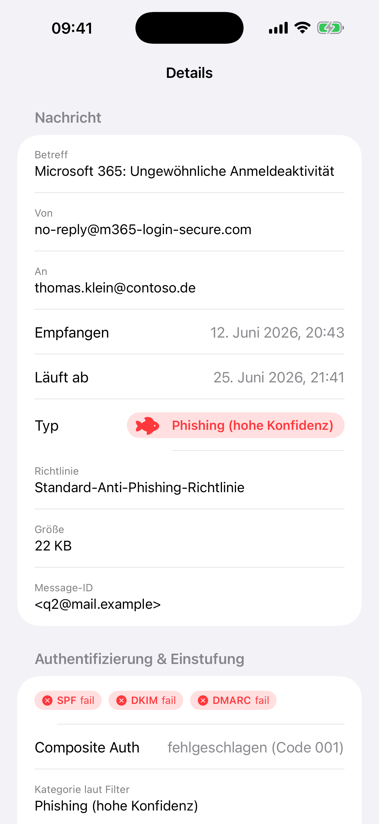 Detailansicht mit SPF-, DKIM- und DMARC-Ergebnis