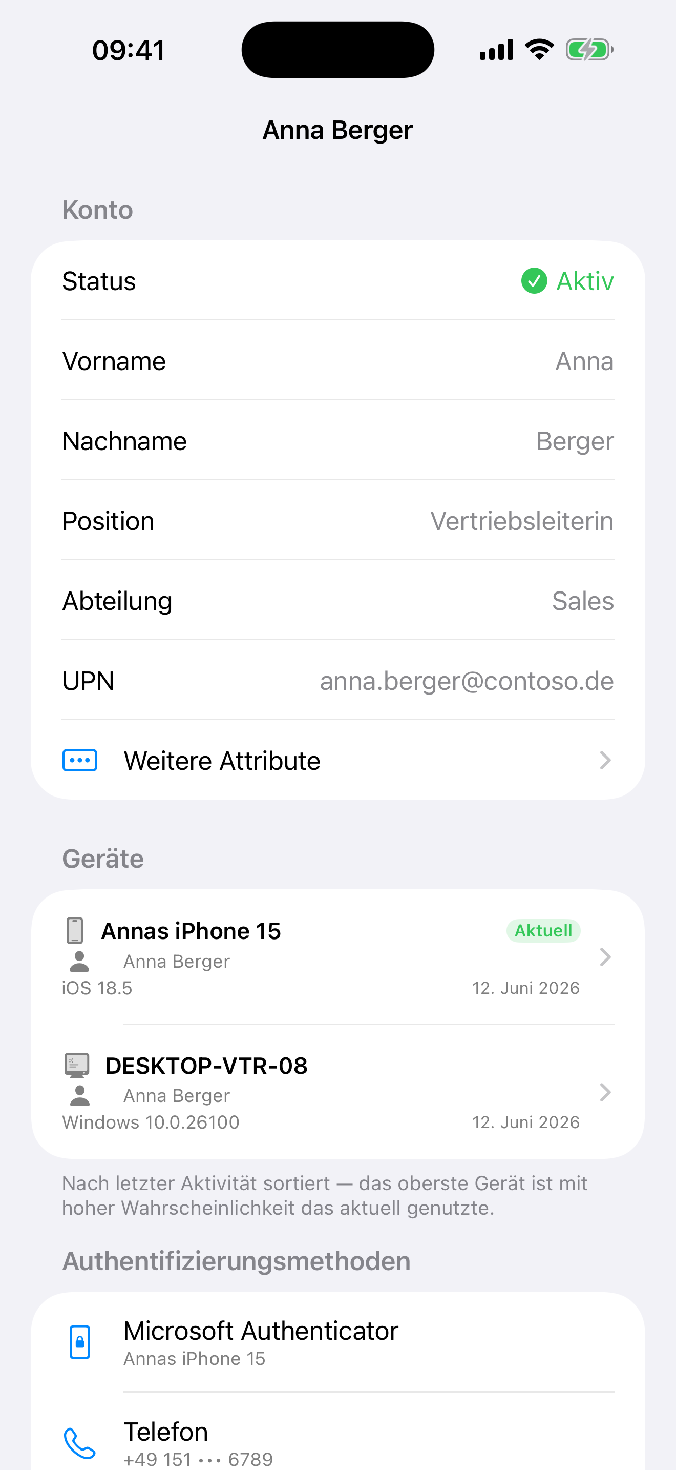 Benutzer-Detail mit Profil, Geräten (inkl. primärem Benutzer) und Authentifizierungsmethoden