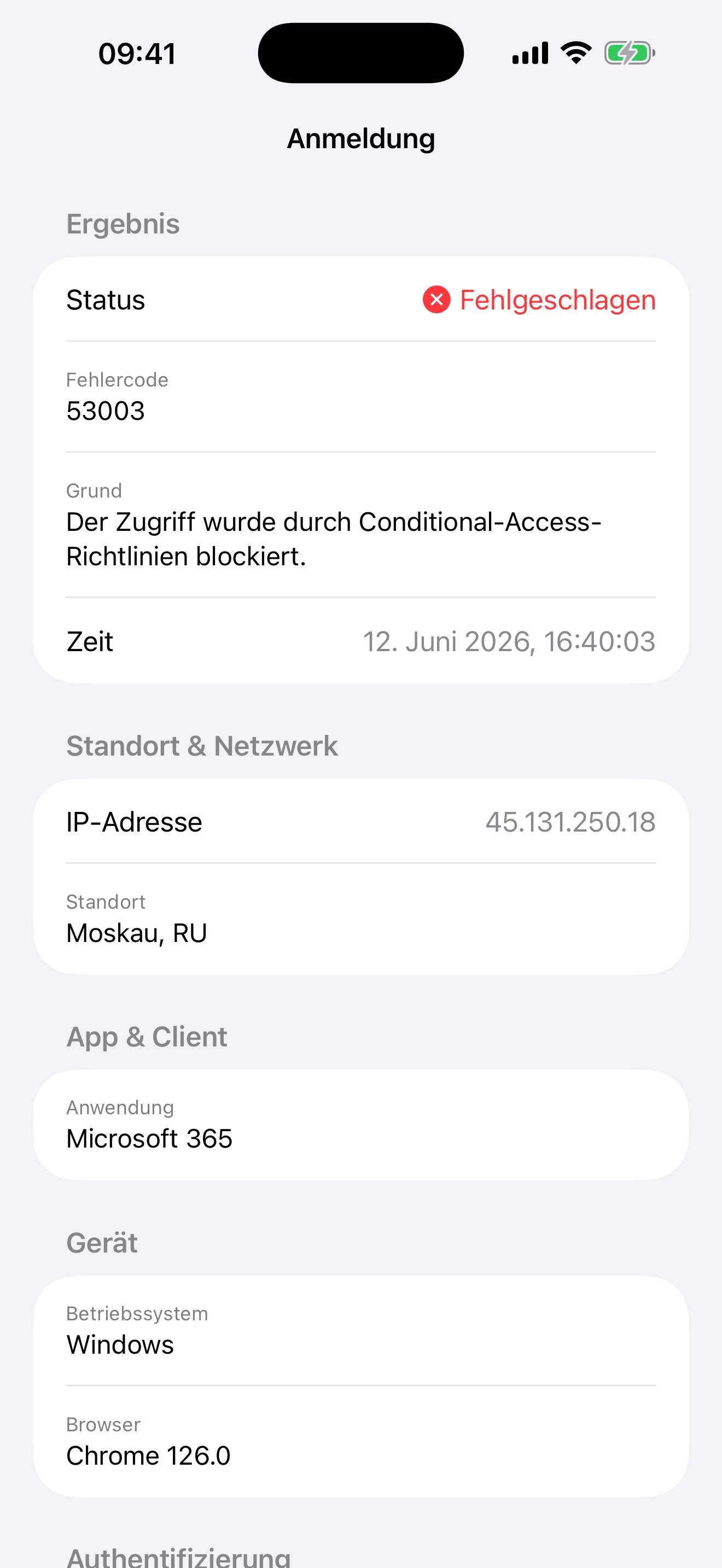 Anmelde-Detail einer geblockten Auslands-Anmeldung mit Conditional Access