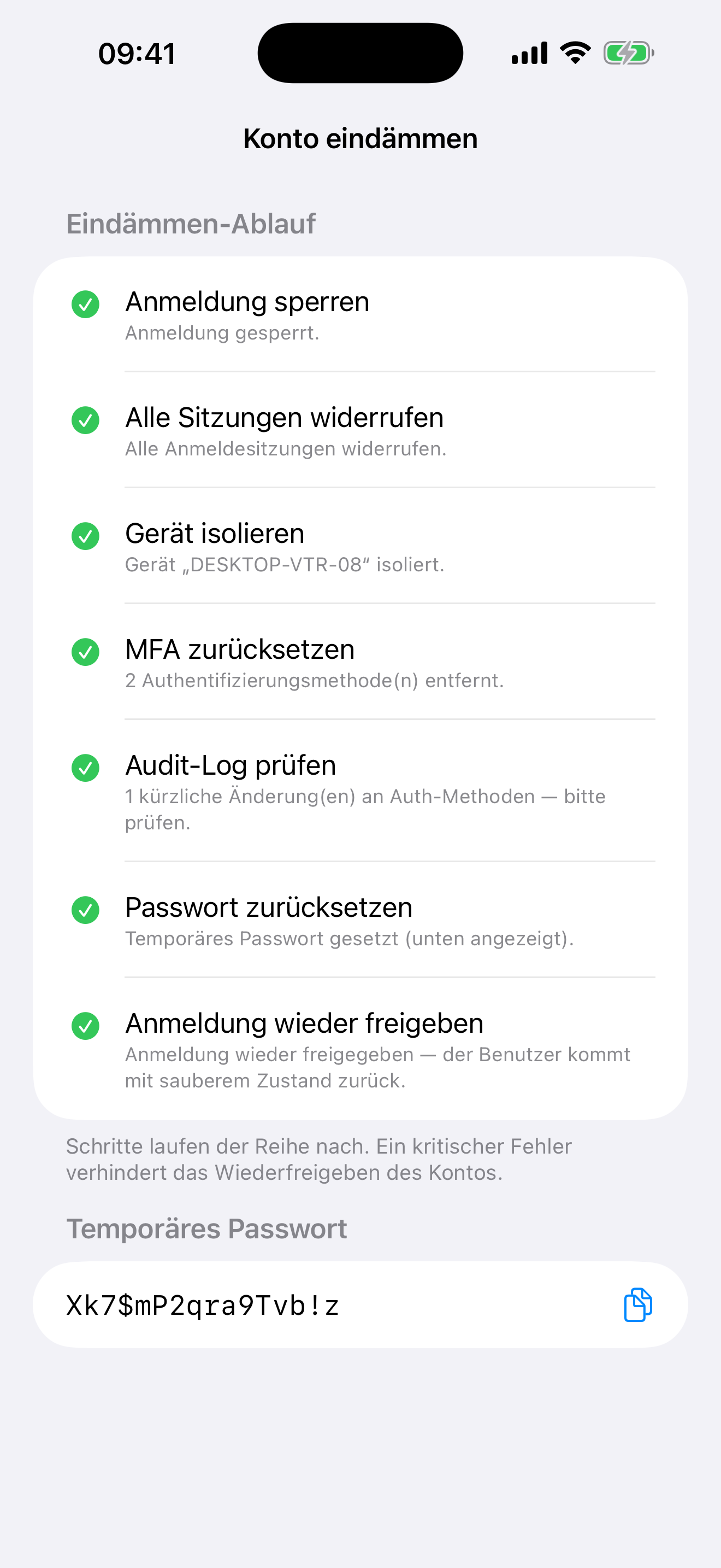 Eindämmen-Playbook mit Schritt-für-Schritt-Status inklusive Geräte-Isolation